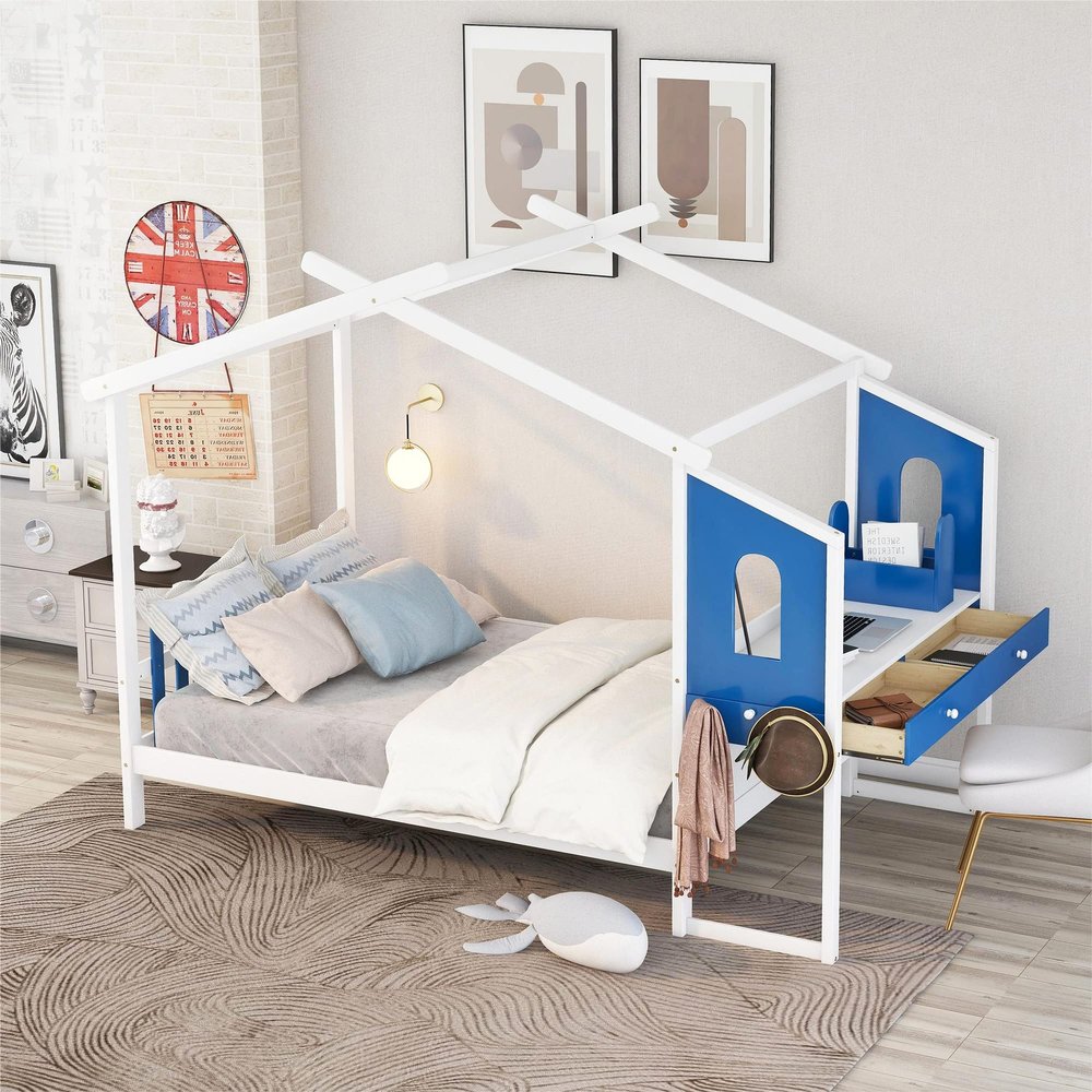 Unique Full Size Kids Platform Bed with Built-in Desk and Two Drawers,Separate Storage Pen Case (White #T-)