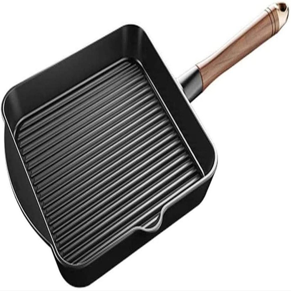 TATSEN Cast Iron Grill Pan Nonstick Fry Pan with Walnut Wood Handle Easy Grease Draining for Frying Saute Cooking