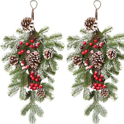 2Pcs 21.7Inch Pine Needle Door Teardrop Wreath, Wreaths Christmas with Pine Cones, Ribbon Bow & Hanging Pine Needle, Artificial Teardrop Swag Christmas Swag for Indoor & Outdoor Home
