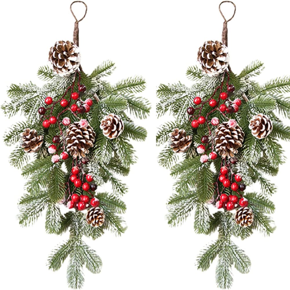 2Pcs 21.7Inch Pine Needle Door Teardrop Wreath, Wreaths Christmas with Pine Cones, Ribbon Bow & Hanging Pine Needle, Artificial Teardrop Swag Christmas Swag for Indoor & Outdoor Home