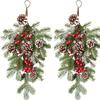 2Pcs 21.7Inch Pine Needle Door Teardrop Wreath, Wreaths Christmas with Pine Cones, Ribbon Bow & Hanging Pine Needle, Artificial Teardrop Swag Christmas Swag for Indoor & Outdoor Home view 1