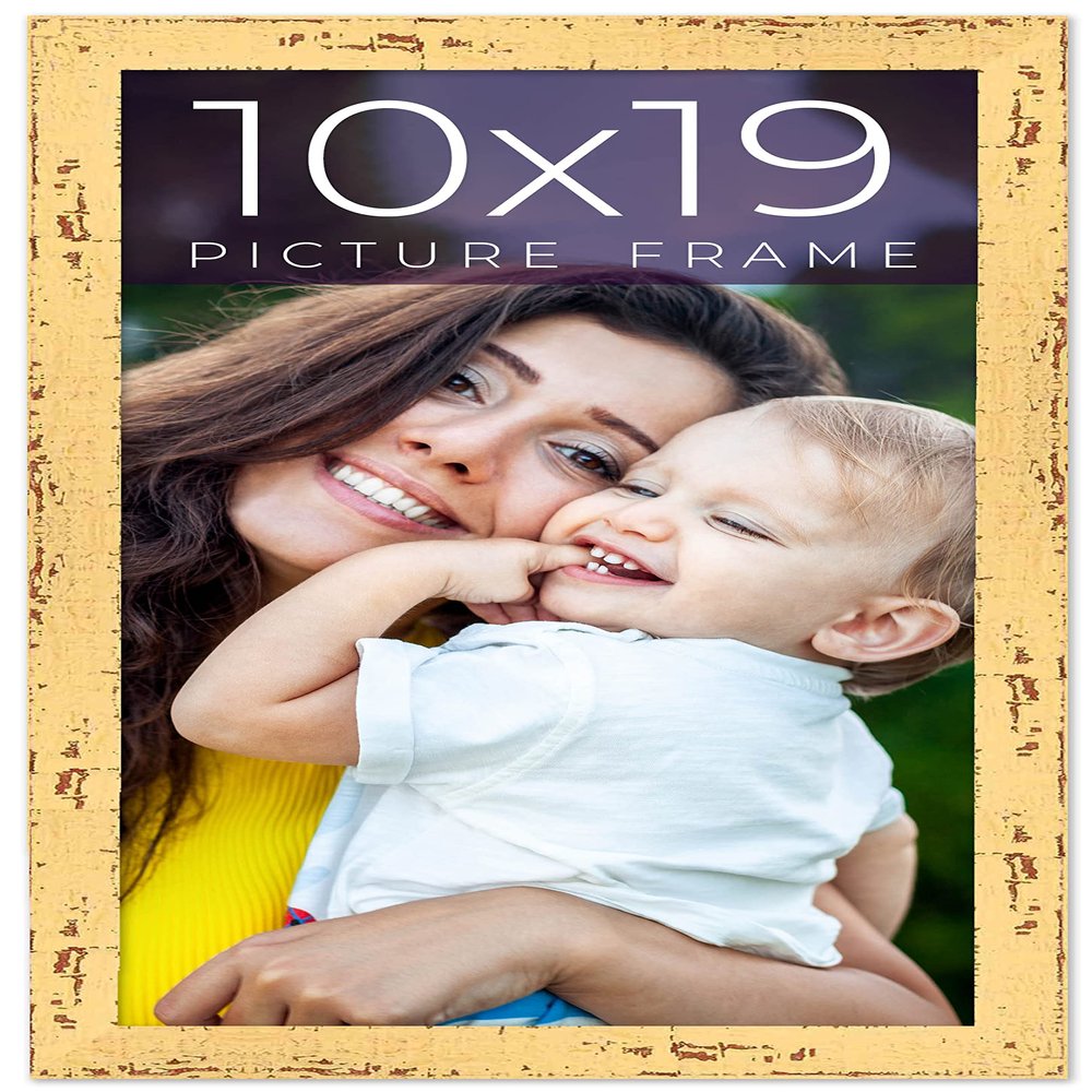 10x19 Frame Yellow Real Wood Picture Frame Width 1.25 Inches | Interior Depth 0.5 Inches | Finley Yellow Distressed Photo Frame Complete with UV Acrylic, Foam Board Backing & Hanging Hardware