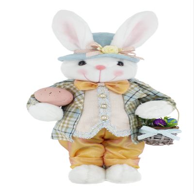 19" Orange & Blue Plaid Bright Bunny Rabbit Spring Easter Collectible Home Dcor Figurine Decoration 402009