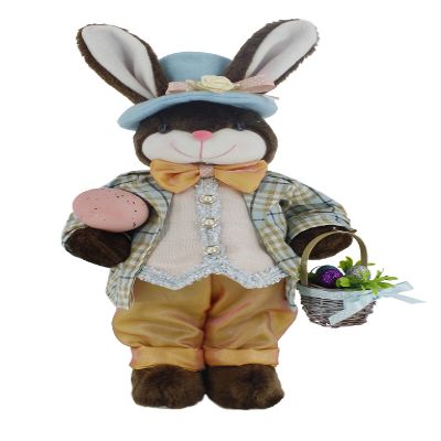 19" Orange & Blue Plaid Mahogany Brown Bunny Rabbit Spring Easter Collectible Home Dcor Figurine Decoration 402013