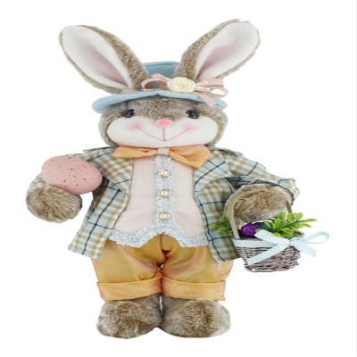 19" Orange & Blue Plaid Bright Brown Bunny Rabbit Spring Easter Collectible Home Dcor Figurine Decoration 402011