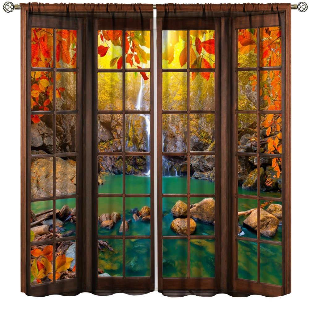 Landscape Decorative Curtains,Autumn Forest Waterfall Rustic Window Curtains Bedroom Living Room Kitchen 2pcs Set 52x84in