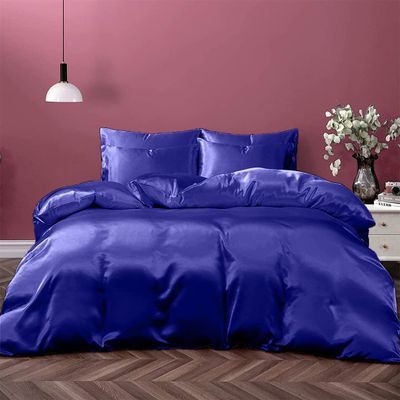 Cloud Fino Silk Satin Sheet Set 7pc Sheet Set (15" Deep Pocket, Flat Sheet, Duvet Cover & Pillowcases - Olympic Queen, Royal Blue)