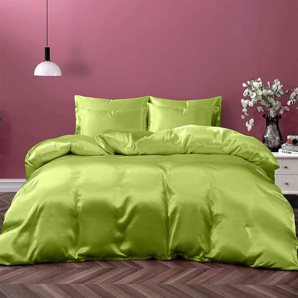 Cloud Fino Silk Satin Sheet Set - 7pc Short Queen Sage Set with Deep Pocket Fitted Sheet, Flat Sheet, Duvet Cover & Pillowcases