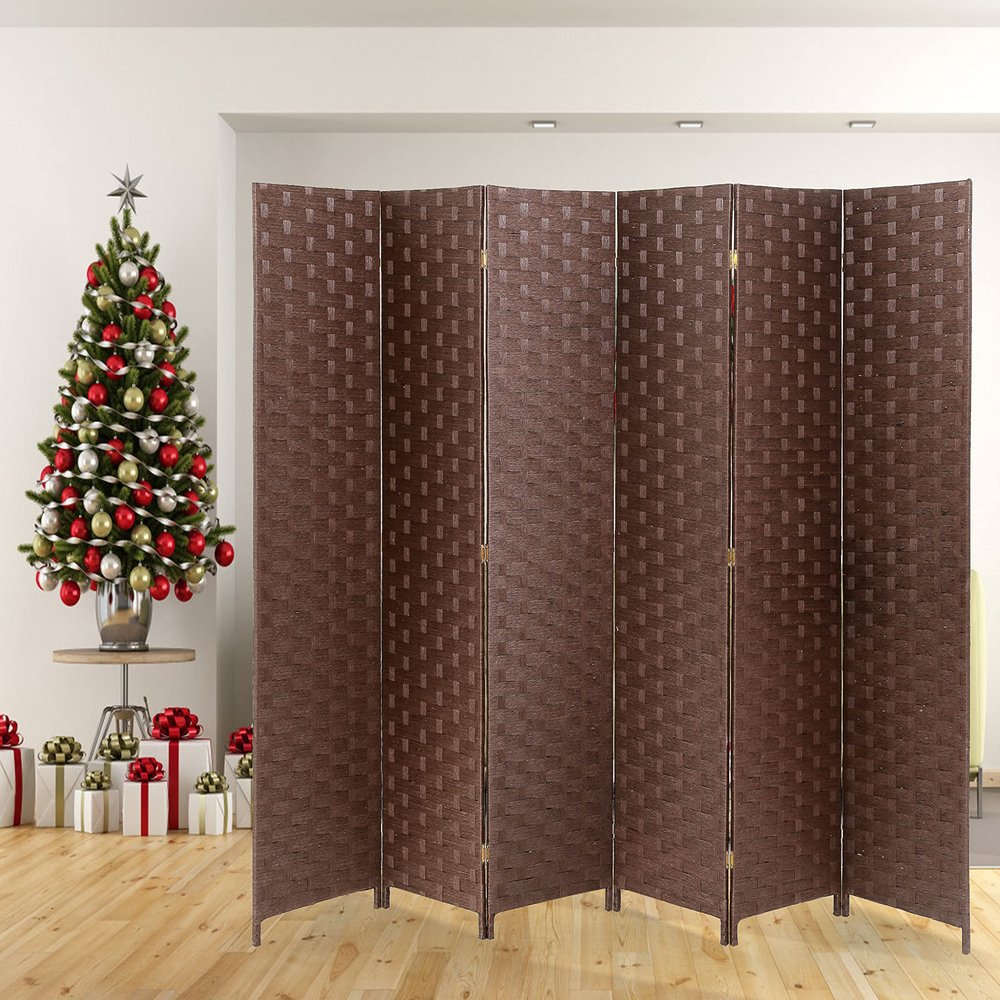 6 Panel Room Divider Handwork Wood Mesh Woven Room Dividers and Folding Privacy Screens with Double Sides Weaved, Foldable Portable Room Partitions and Dividers for Bedroom,Office,Home(Brown)