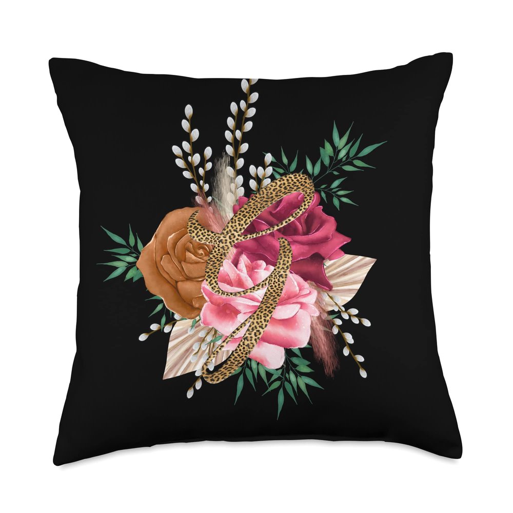 Tropical Leopard Initial Letter G Monogram Maroon Floral Throw Pillow