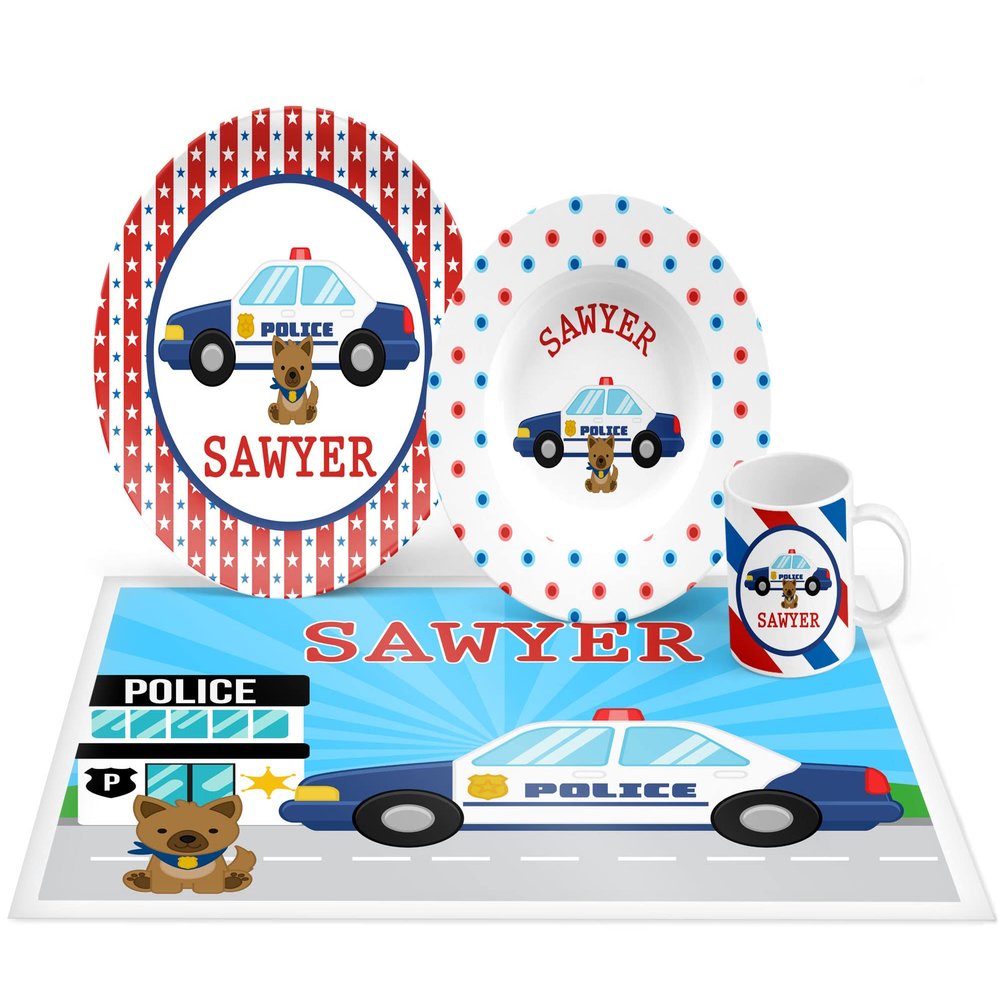 Personalized Police Car Plate Set, Bowl, Placemat, Mug, Mealtime, Dinner, Dinnerware - Choose Your Pieces
