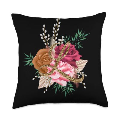 Tropical Leopard Initial Letter L Monogram Maroon Floral Throw Pillow
