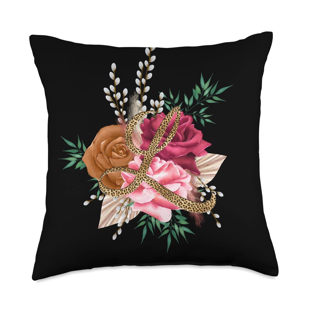 Tropical Leopard Initial Letter L Monogram Maroon Floral Throw Pillow