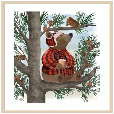 Amanti Art Framed Wall Art Print 41x33 Lumberjack Bear Pine Tree Coffee Break by Fab Funky, Animals Wall Art, Whimsical Decor, X-Large Poster Painting Artwork for Living Room, Bedroom, Bathroom,