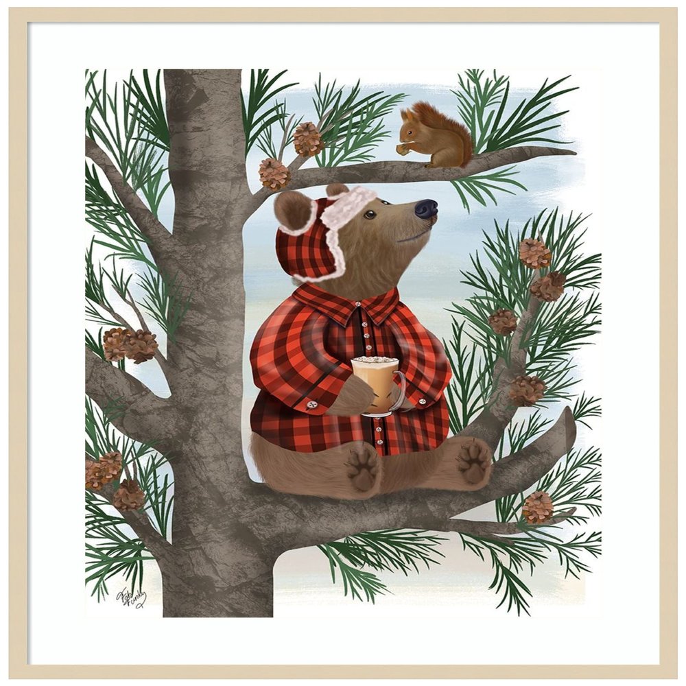 Amanti Art Framed Wall Art Print 41x33 Lumberjack Bear Pine Tree Coffee Break by Fab Funky, Animals Wall Art, Whimsical Decor, X-Large Poster Painting Artwork for Living Room, Bedroom, Bathroom,