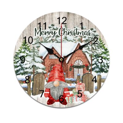 LetusZhogo 12 Inch Round Christmas Wooden Wall Clock Winter Gnome Farm Christmas Tree Merry Christmas Non Ticking Silent Battery Operated Home Decor for Bedrooms,Living Room,Office
