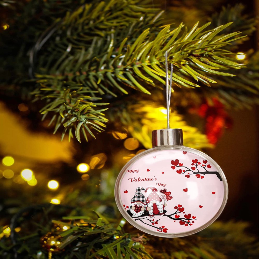 Christmas Ball Ornaments,Valentine's Day Gnome Heart Branch Plaid Pink Back Christmas Tree Hanging Decoration Shatterproof Plastic Baubles,Romantic Red Hearts Xmas Tree Pendants for Holiday Party
