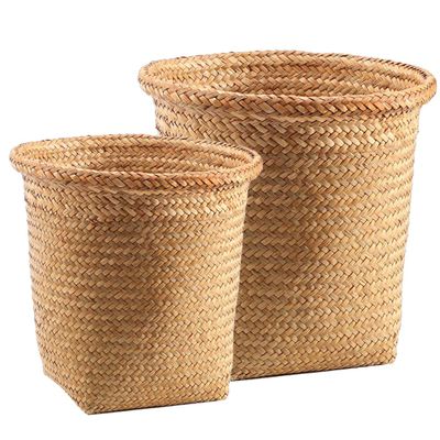 ARTIBETTER 2pcs Seagrass Waste Basket Woven Trash Can Garbage Container Bin Wicker Rattan Laundry Hamper Plant Pot Holder Sundries Storage Basket for Kitchen Bathroom Home Office