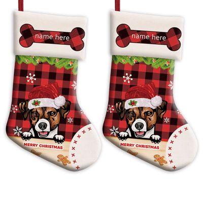 MALIHONG Personalized 2 Pack Merry Christmas Stocking Lovely Dog Jack Russell Terrier with Santa Hat Red Buffalo Plaid Snowflake Xmas Bag Fireplace Home Decor 14.4"