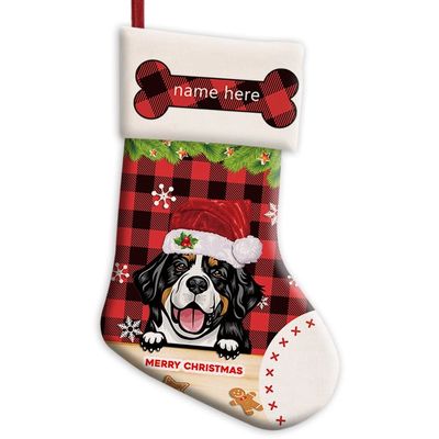 MALIHONG Personalized 1 Pack Merry Christmas Stocking Dog Bernese Mountain with Santa Hat Red Buffalo Plaid Snowflake Xmas Bag Fireplace Home Decor 14.4"
