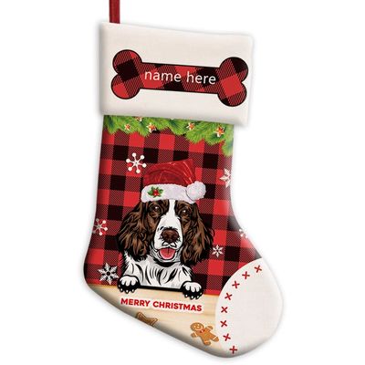 MALIHONG Personalized 1 Pack Merry Christmas Stocking Dog English Springer Spaniel with Santa Hat Red Buffalo Plaid Snowflake Xmas Bag Fireplace Home Decor 14.4"