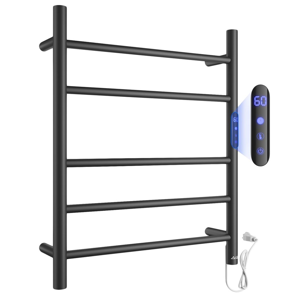 Aetoxb 5-Bar Heated Towel Rack Wall Mounted, Electric Bathroom Towel Warmer Rack with Built-in Timer, Plug-in Matte Black Stainless Steel Towel Dryer for Bathroom, Matte Black