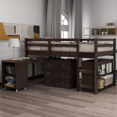 Twin Loft Bed with Desk Low Study Kids Twin Loft Bed with Storage Drawers, Low Loft Bed Twin for Kids Twin Loft Bed with Safety Guard Rails and Bookcase Shelf (Espresso, Twin Loft with Desk)