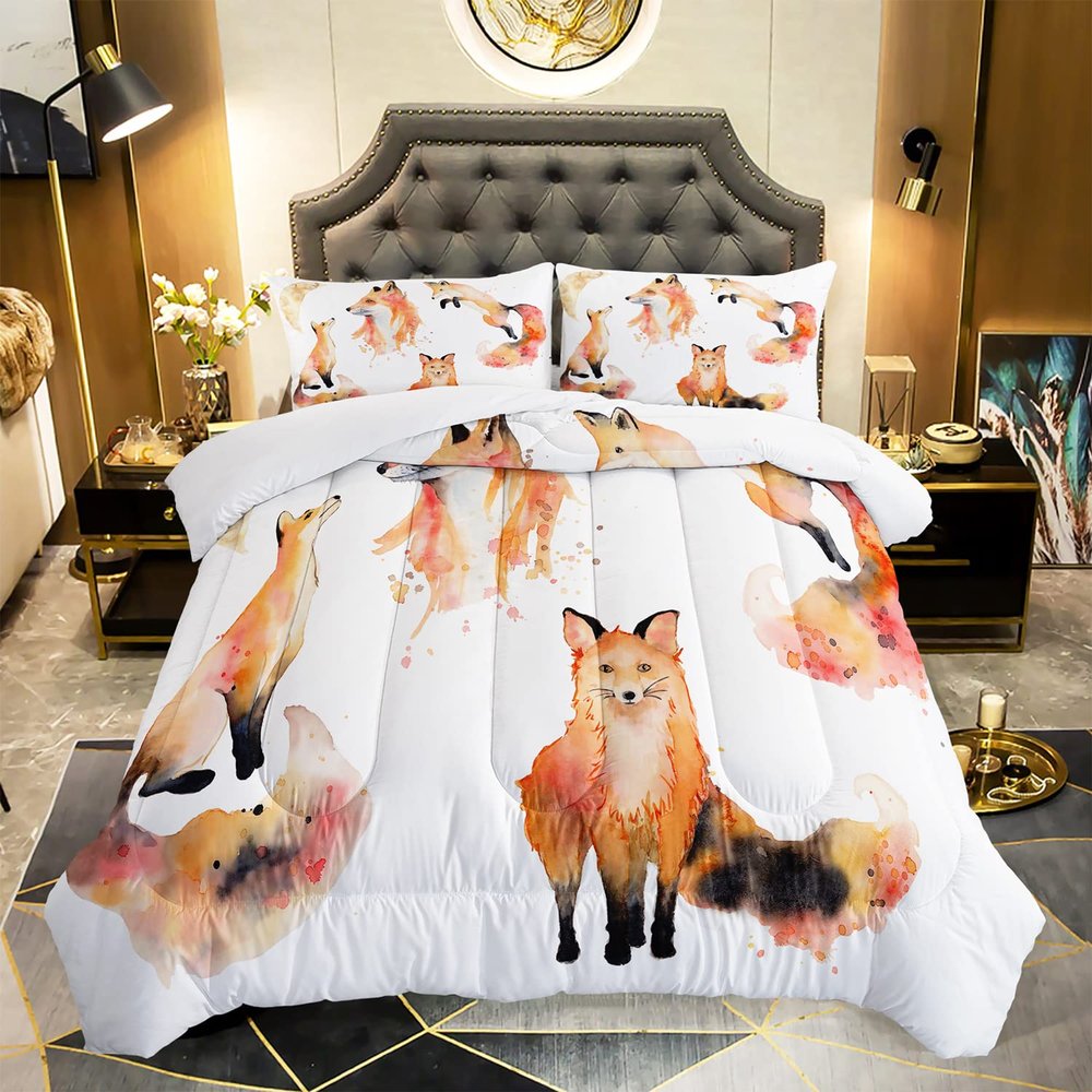 AILONEN Fox Comforter Set - Full Size, Cute Fox Quilt for Teen Girls & Kids, Animal Pattern Printed Superior Kids Bedding Set, Microfiber Fabric, 3 Piece Set (1 Comforter & 2 Pillowcases)
