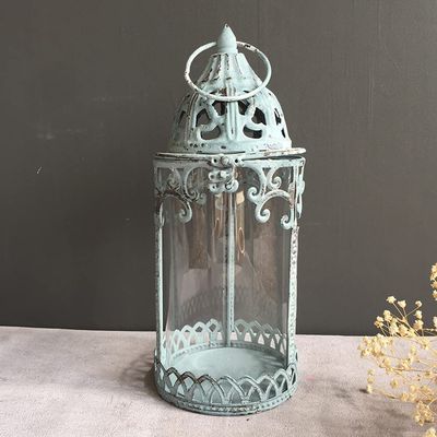 BOOMLATU Metal Shabby Chic Decorative Candle Lanterns with Handle,Blue Hanging Candle Holder for Table,Fireplace Decor and Farmhouse Decor