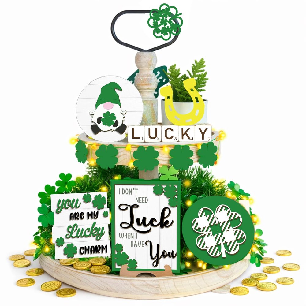15 Pcs St. Patrick's Day Tiered Tray Decor Set Rustic St Patricks Day Decorations for Tiered Tray Shamrock Farmhouse Tiered Tray Items 4 Leaf Clover Gnome Wood Sign Letter Sign with 4 Stands for Home
