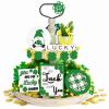 15 Pcs St. Patrick's Day Tiered Tray Decor Set Rustic St Patricks Day Decorations for Tiered Tray Shamrock Farmhouse Tiered Tray Items 4 Leaf Clover Gnome Wood Sign Letter Sign with 4 Stands for Home view 1