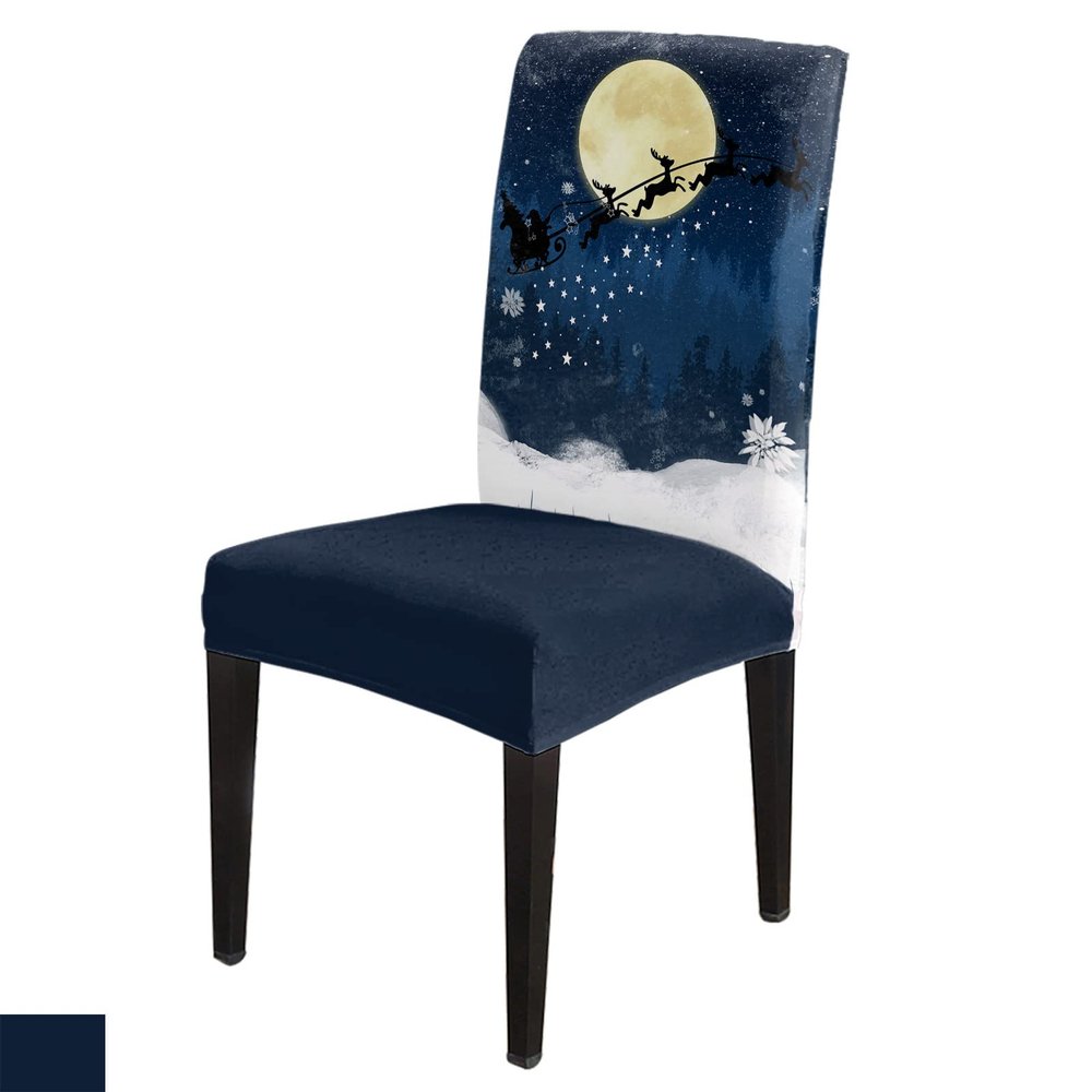 6 Pcs Dining Chair Covers Stretch Spandex Slipcovers Christmas Reindeer Sleigh Santa Snowflake Removable Washable Dining Room Seat Cover Cushion Protector for Hotel Winter Full Moon Snow Scene