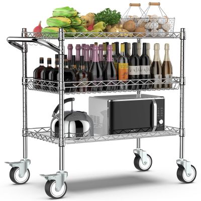 Leteuke 3 Tier Rolling Carts with Wheels, Heavy Duty Rolling Utility Cart,NSF Commercial Grade Metal Cart with Handle&Shelf Liner,Trolley Serving Cart for Kitchen,Restaurant,Plant Display,Chrome