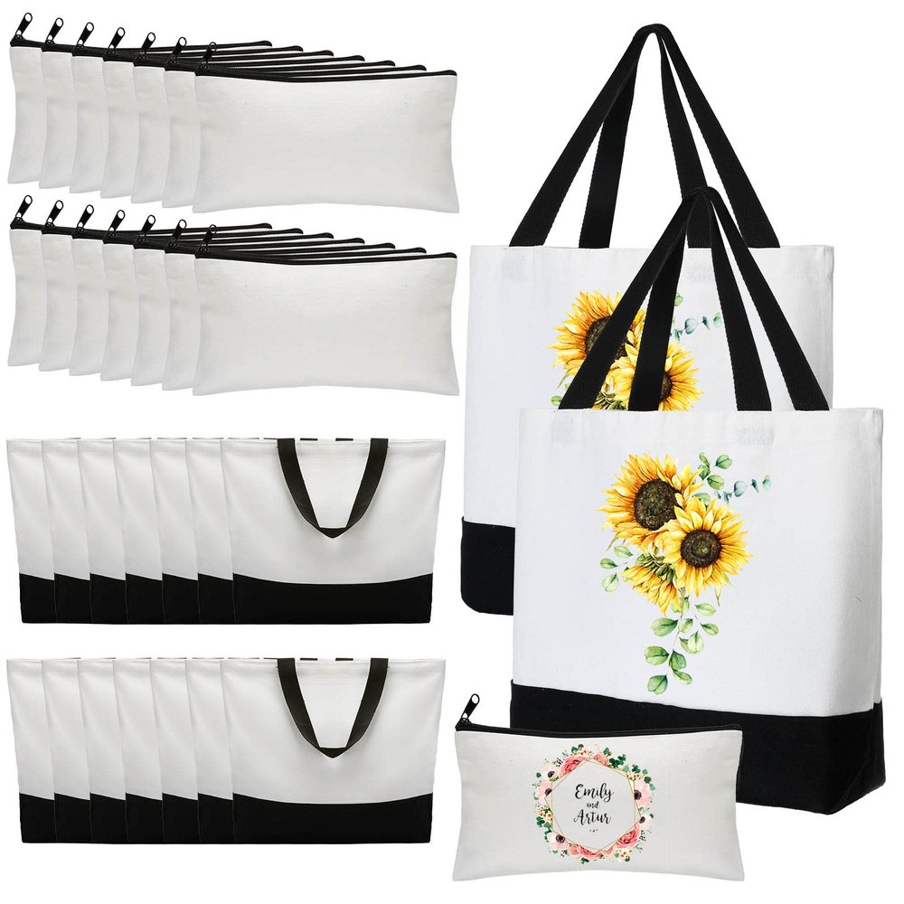 Wesiti 28 Piece Blank Canvas Tote and Makeup Bag Bulk Plain Cotton Tote with Handle Cosmetic Pouch with Zipper Reusable Grocery Bag for DIY Sublimation Embroidery Craft Wedding Christmas Gift