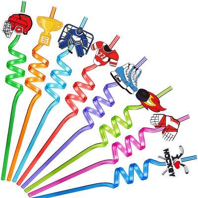 24 Pcs Ice Hockey Straws Twisty Curly Party Drinking Straws Colorful Ice Hockey Sports Party Favors Reusable Crazy for Adults Game Supplies Decorations with 2 Pcs Cleaning Brushes
