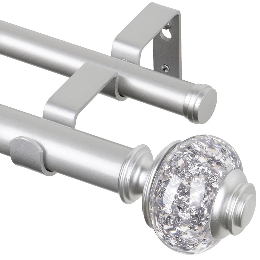 1 Inch Double Curtain Rods 72 to 144 Inches (6 to 12 ft), USFOOK Silver Drapery Rods for Windows, Telescoping Dual Curtain Rod with Translucent Finials, Decoration for Home