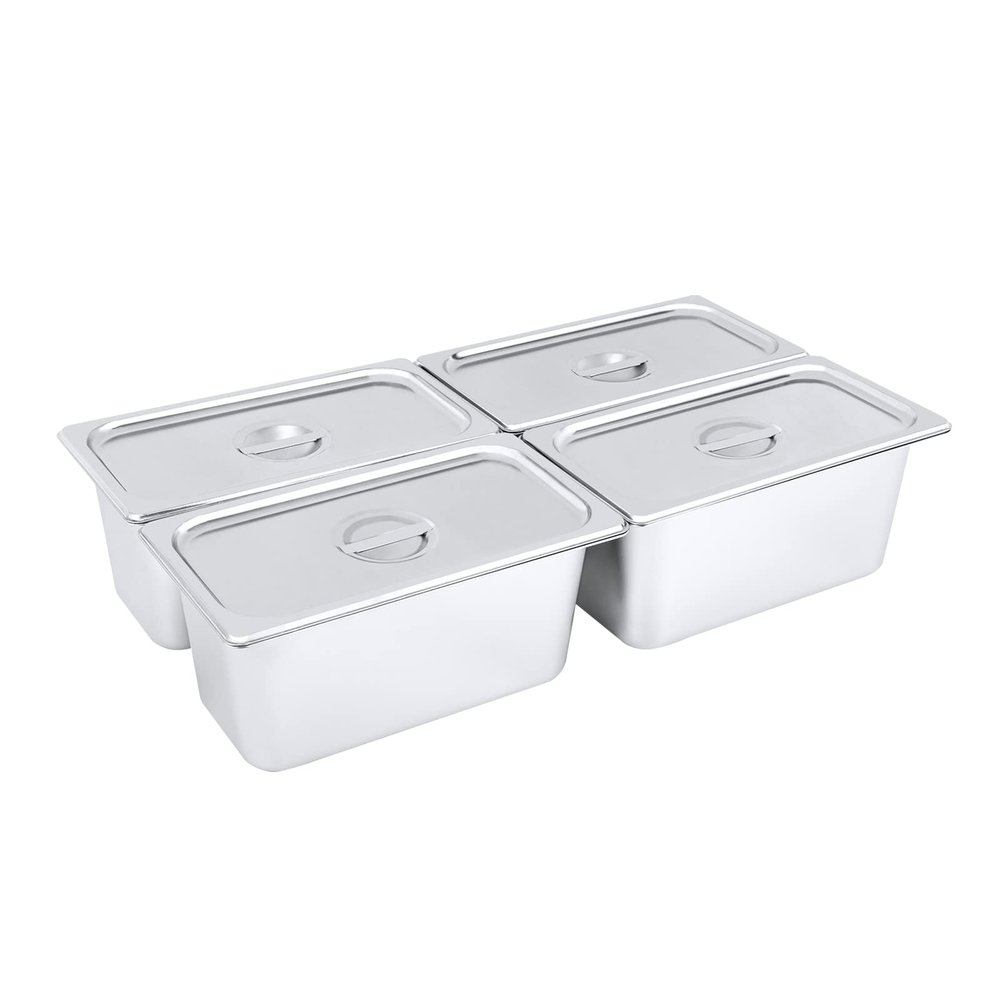 4 Packs Stainless Steam Hotel Pan with Lid Steam Table Pan 1/3 Size x 6" Deep 12.8 * 6.9 * 6inches 0.35cm Thick Food Serving Pans with Handle Lid