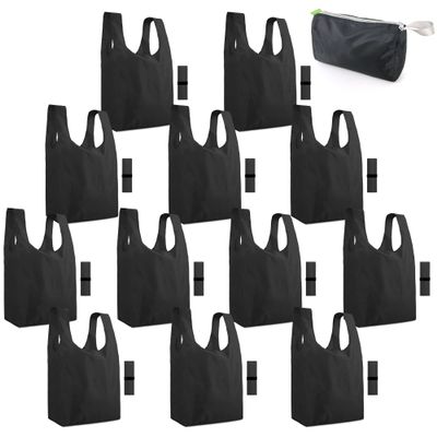 BeeGreen Black Reusable Grocery Bags Shopping Bags for Groceries 12 Pack Heavy Duty - Foldable Polyester Grocery Totes with Handles and Zipper Bag, Large Travel Washable Holiday Tote Bag Bulk