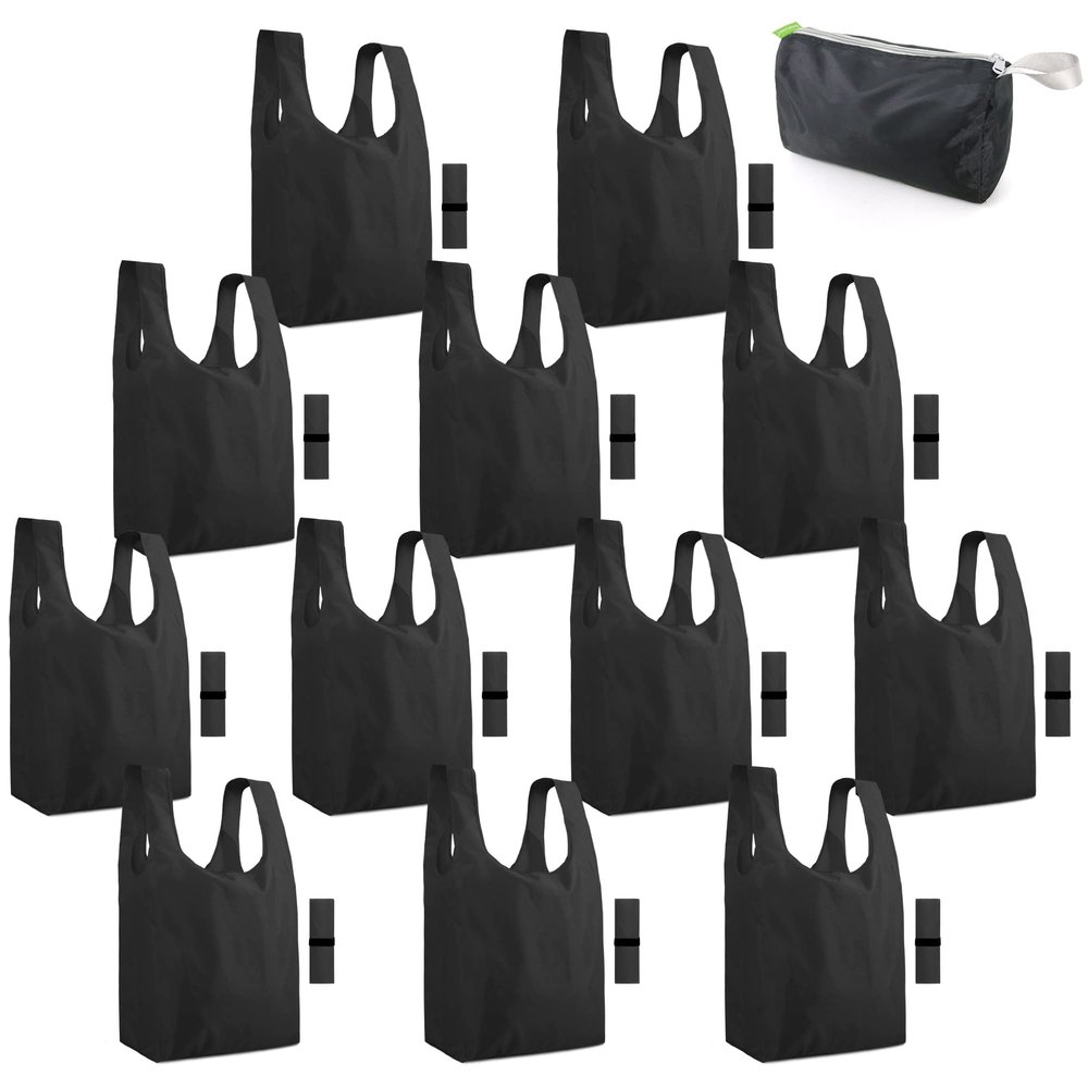 BeeGreen Black Reusable Grocery Bags Shopping Bags for Groceries 12 Pack Heavy Duty - Foldable Polyester Grocery Totes with Handles and Zipper Bag, Large Travel Washable Holiday Tote Bag Bulk