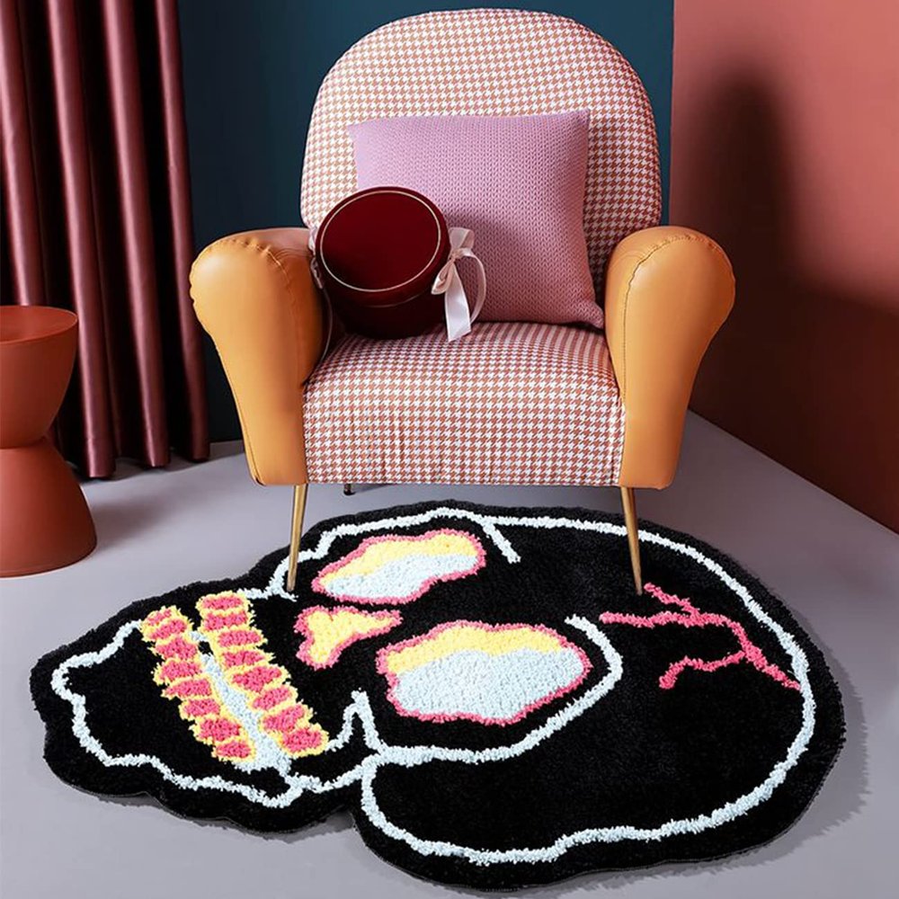 Black Bath Rugs Cartoon Fun Skull Head Area Rug Microfiber Bathroom Mat Soft Large Welcome Doormat Indoor Carpet Kitchen Living Room Non-Slip Mats Halloween Decorative Mats, 26" x 34"