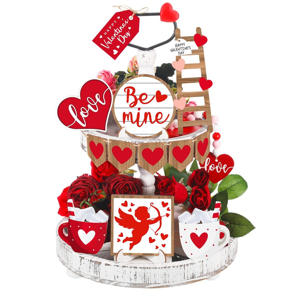 Frienda 12 Pieces Tiered Tray Decor Buffalo Plaid Table Wooden Sign Decorations Cupid Tabletop Heart Signs Be Mine Love Decor for Party Home Kitchen Holiday