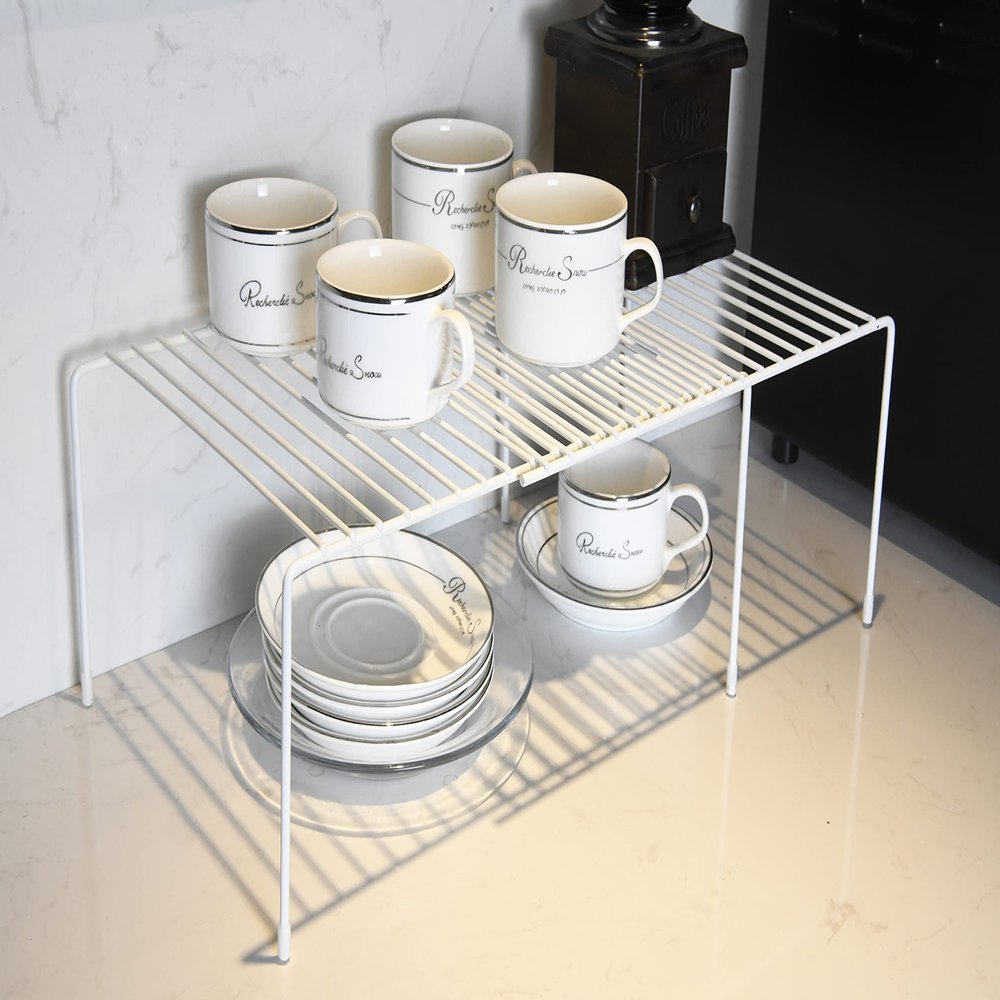 CASAPALACE Cabinet Shelf Storage Rack, 4 Piece Expandable Spice Rack Organizers, Metal Rustproof Kitchen Cabinet Shelf Organizers for Kitchen Counter,Freezer, Fridge,Pantry Shelf, White, Set of 2