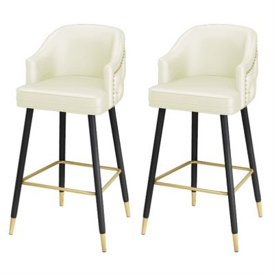 Counter Height Upholstered Barstools Set of 2, Modern 65 Cm Heigh Leather Bar Chairs Barstools with Nailheads and Gold Tipped Black Metal Legs, Leisure Counter Stools with Backrest and Footrest ( Colo