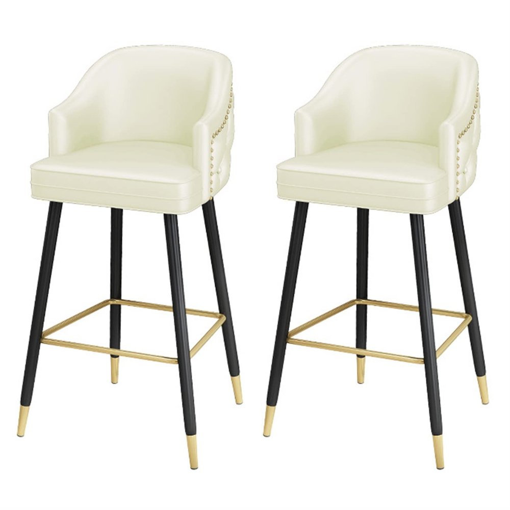 Counter Height Upholstered Barstools Set of 2, Modern 65 Cm Heigh Leather Bar Chairs Barstools with Nailheads and Gold Tipped Black Metal Legs, Leisure Counter Stools with Backrest and Footrest ( Colo