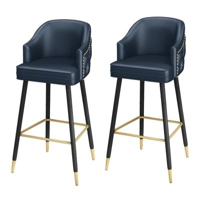 Modern Blue Barstools 26 Inches Heigh Counter Height Upholstered Nappa Leather Bar Chairs Set of 2 Barstools with Nailheads Gold Tipped Black Metal Legs Leisure Counter Stools with Backrest Footrest