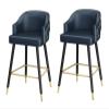 Modern Blue Barstools 26 Inches Heigh Counter Height Upholstered Nappa Leather Bar Chairs Set of 2 Barstools with Nailheads Gold Tipped Black Metal Legs Leisure Counter Stools with Backrest Footrest view 1