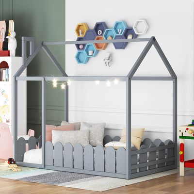 HomJoones Twin Size Floor Bed Frame, Twin Size House Bed Frame with Roof and Fence, Wood Floor Platform Bed Frame (Gray)