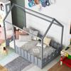 HomJoones Twin Size Floor Bed Frame, Twin Size House Bed Frame with Roof and Fence, Wood Floor Platform Bed Frame (Gray) view 3