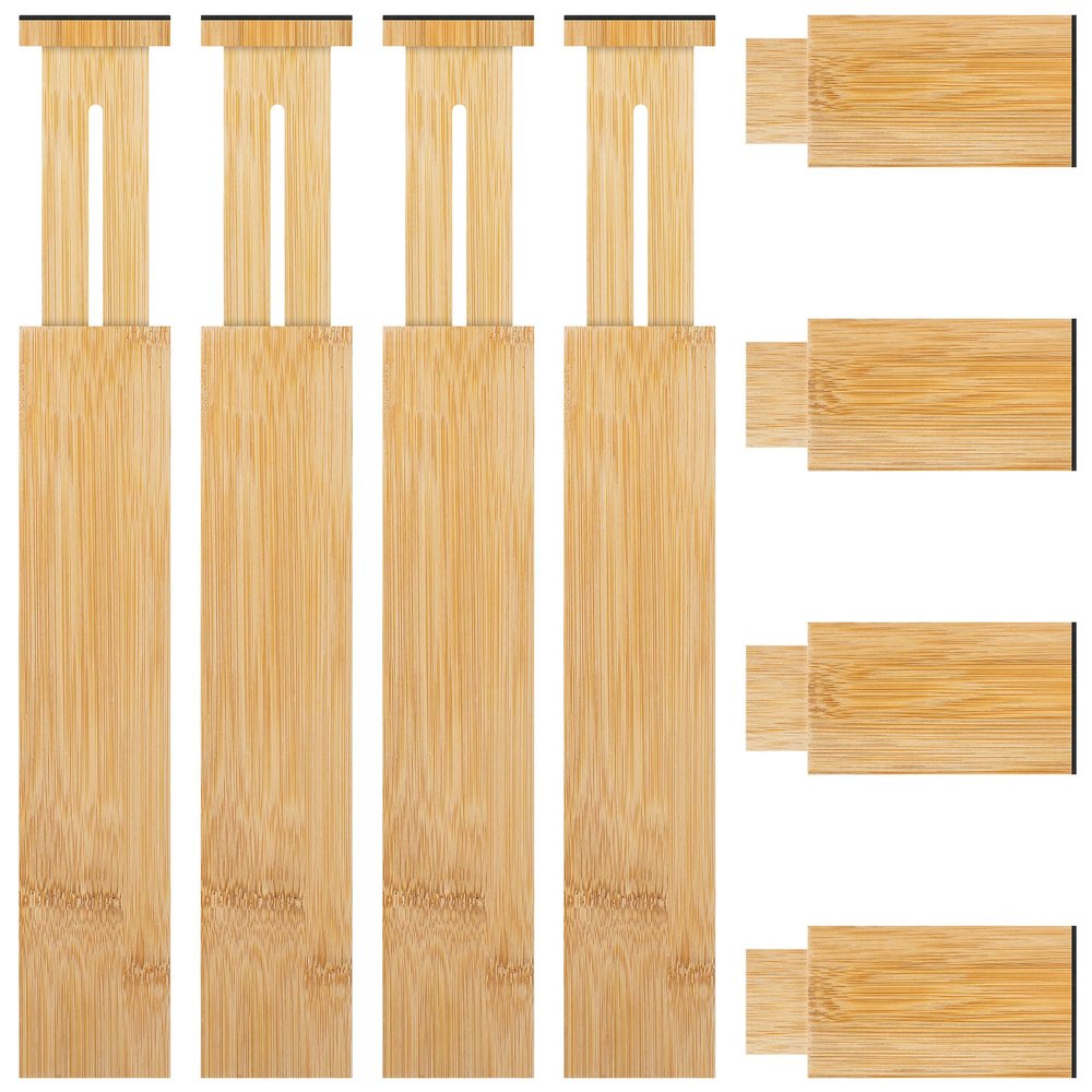4 Pack Bamboo Kitchen Drawer Dividers with Inserts 2.6" High, Adjustable from 12.5 Inch to 21.7 Inch Drawer Organizers, Expandable Drawer Separators for Clothes, Bedroom, Dresser, Office (Beige)
