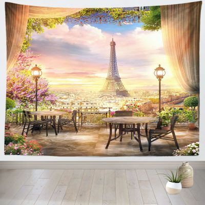 BELECO Paris Eiffel Tower Tapestry 118x78 Inch Romantic Garden Tapestry Wall Hanging Cafe Terrace Flowers Dining Tables Paris City Sunset Scenery Tapestry Art Wall Decor for Living Room Bedroom